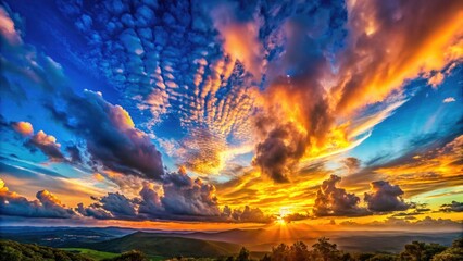 Panoramic Sunset Cloudscape: Epic Sunrise Sky, Blue Hour, Nature Background, Illuminated Clouds, Scenic View