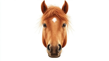 Portrait of a brown horse with white blaze on forehead isolated on white background
