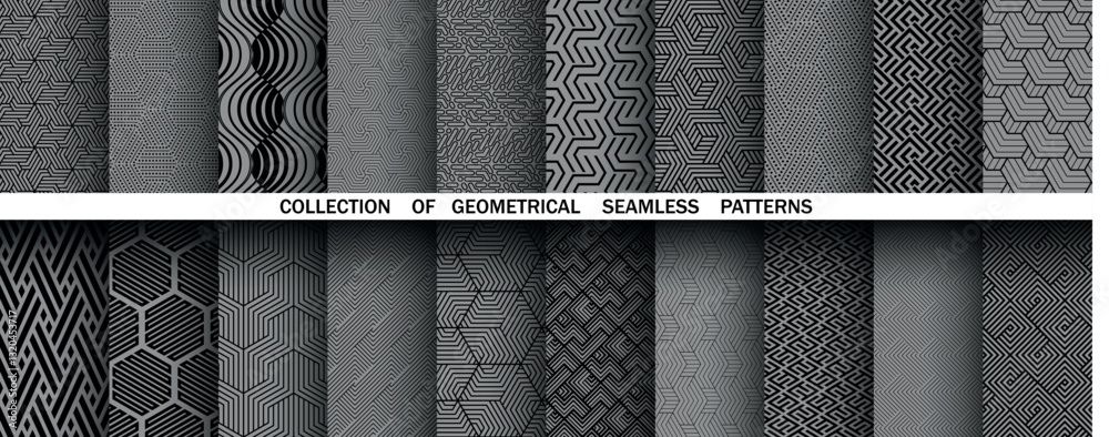 Poster Geometric set of seamless black and gray patterns. Simple vector graphics