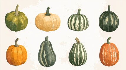 Variety of pumpkins and gourds for autumn harvest and fall decorations