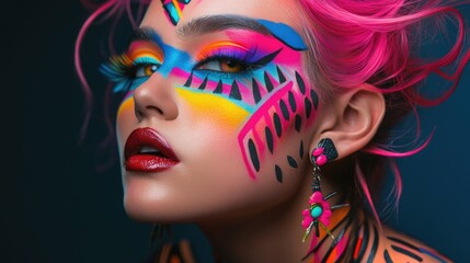 Naklejka premium Young caucasian woman with vibrant fantasy makeup and pink hair