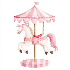 A whimsical pink carousel horse under a striped canopy, evoking a sense of nostalgia and joy.