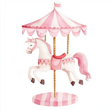 A whimsical pink carousel horse under a striped canopy, evoking a sense of nostalgia and joy.