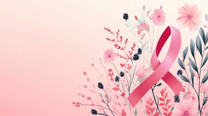Pink ribbon with floral arrangement on light pink background for breast cancer awareness. Pink Ribbon, Breast Cancer Awareness Symbol, Cancer Solidarity Emblem - Global Health Campaign