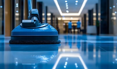 a floor polisher in action, reflecting the clean environment and the staff in the distance.