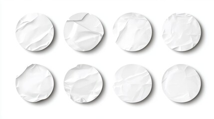 Set of crumpled white paper circles on white background for creative design projects