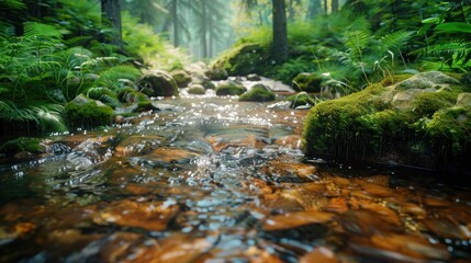 Forest Creek Flowing Through Rocks, Sunlight, Lush Vegetation
