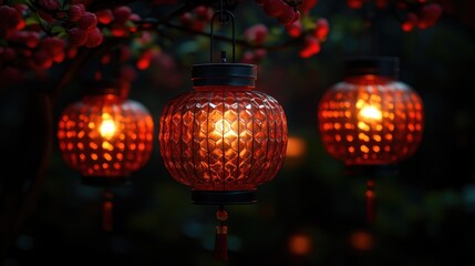 Obraz premium Glowing red lanterns hanging in blossoming garden at night. Chinese New Year, Lunar New Year, Spring Festival, Chunjie - Asian Cultural Celebration, Eastern Calendar Holiday