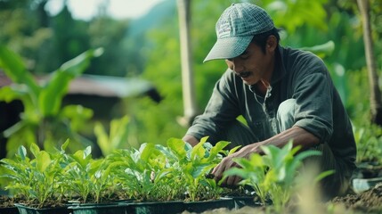A farmer carefully plants young seedlings in a garden