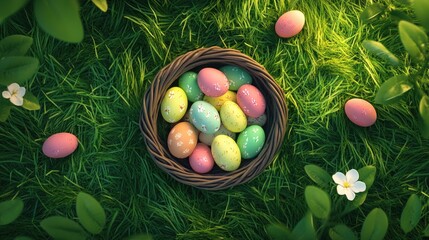 Colorful easter egg basket on green grass with flowers. Easter, Pascha, Paskha, Ostern, Pascua, Paques - Orthodox and Catholic Holiday celebration