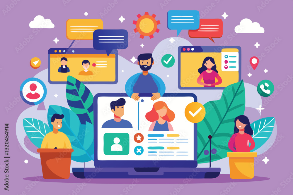 Poster various users interact through customizable social networking features in a colorful digital environ