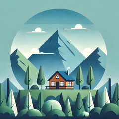 Naklejka premium A flat minimalist representation of a remote mountaintop cabin surrounded by lush greenery and a blue sky, evoking solitude and peace.