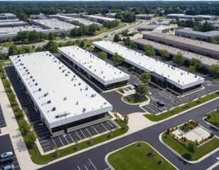 Wide aerial view of a business complex with TPO roofing and modern architecture.