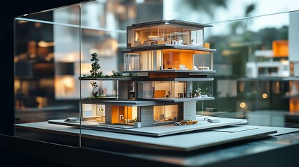 Modern Architecture Model Displayed in Glass Case, Interior Design Concept
