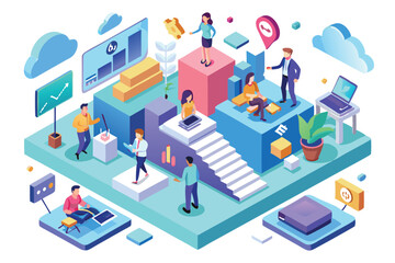Obraz premium People engage in various social strategy activities in an open, modern office space filled with technology, Social strategy Customizable Isometric Illustration