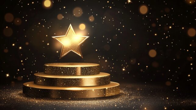 Golden star on podium with sparkling bokeh background for achievement celebration and award recognition