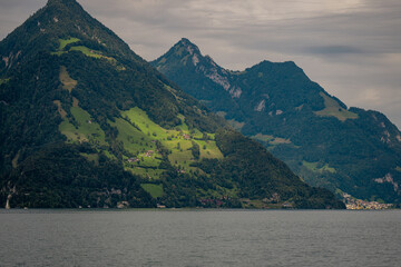 Alps landscape. Alps nature in Switzerland. Swiss Alps. Panoramic of the nature of Switzerland. Nature of Swiss lakes. Switzerland scenic landscape. Nature background.
