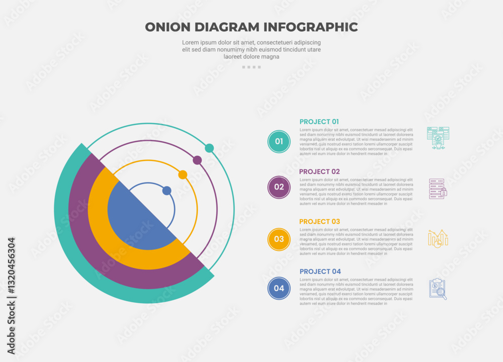 Poster onion diagram infographic outline style with 4 point template with big circle and line inside for sl