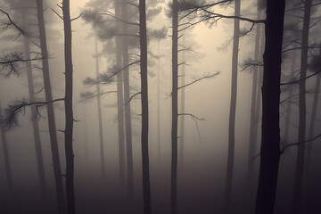 Obraz premium Dramatic fog-covered forest stock-image with towering trees disappearing into the mist, bathed in soft light, creating an eerie and mysterious atmosphere that captures the serene yet haunting 