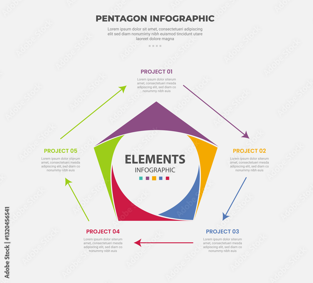 Aufkleber pentagon or pentagonal infographic outline style with 5 point template with circle center structure 