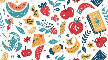 Seamless Rosh Hashanah pattern with festive icons and Jewish holiday symbols, perfect for decorations and textiles.

