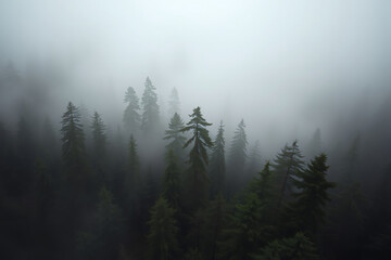 Dramatic fog-covered forest stock-image with towering trees disappearing into the mist, bathed in soft light, creating an eerie and mysterious atmosphere that captures the serene yet haunting 