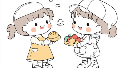 Cartoon Sketch of Kids Sharing Food, Spreading Love and Kindness