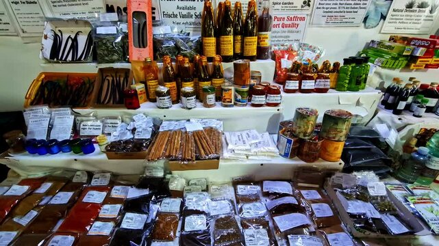Spices shop with cooking oils and other cooking ingredients at display in Koggala , Sri Lanka.
