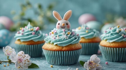 Whimsical easter cupcakes with bunny toppers and pastel decorations. Easter, Pascha, Paskha, Ostern, Pascua, Paques - Orthodox and Catholic Holiday celebration