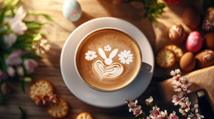Easter-themed latte art with spring flowers, eggs, and biscuits. Easter, Pascha, Paskha, Ostern, Pascua, Paques - Orthodox and Catholic Holiday celebration