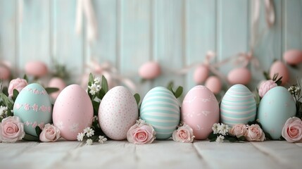 Obraz premium Pastel easter eggs and roses on wooden surface with soft floral background. Easter, Pascha, Paskha, Ostern, Pascua, Paques - Orthodox and Catholic Holiday celebration