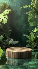 Obraz premium Tropical Jungle Product Display Podium with Greenery and Water Surface