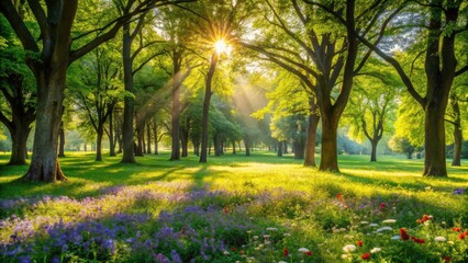 Fototapeta premium Serene Urban Oasis: Lush Green Grass and Wildflowers in Sunlit Forest Glade