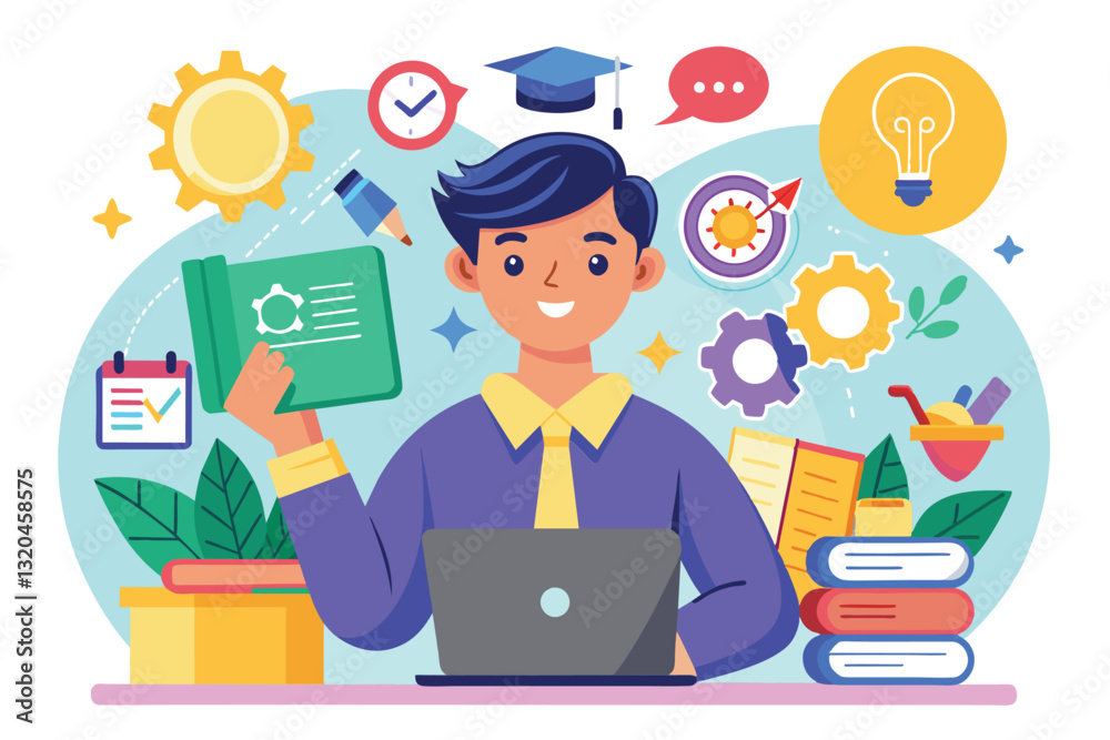 Poster a cheerful character demonstrates various soft skills while studying at a desk surrounded by learnin