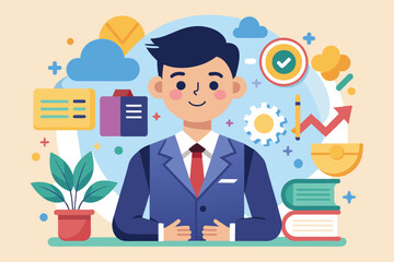 A cheerful character in a suit showcases soft skills amidst vibrant, customizable elements in a personalized workspace, Soft skills Customizable Cartoon Illustration