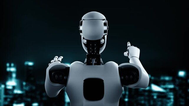Futuristic robot artificial intelligence huminoid AI programming coding technology development and machine learning concept. Robotic bionic science research for future of human life. 3D rendering.