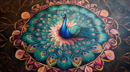 A detailed oil painting of a vibrant ornamental mandala featuring a full-body peacock, ideal for adult coloring books. 