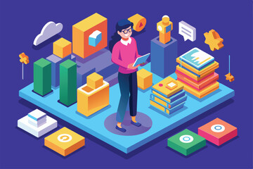 A person engages with digital tools to enhance customizable soft skills in a contemporary workspace, Soft skills Customizable Isometric Illustration