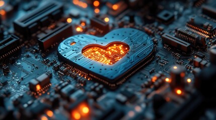 Fototapeta premium Innovative circuit board with heart design and glowing orange accents