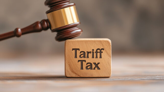 Close up of gavel striking wooden block engraved with Tariff Tax, symbolizing legal and financial matters. This conveys authority and importance of taxation