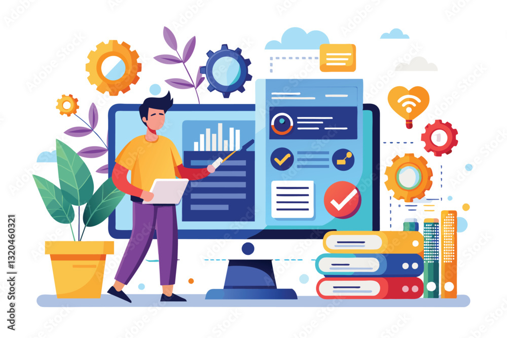 Poster a person demonstrates software code testing using charts and gear icons, with vibrant flat design el
