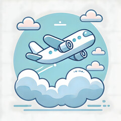 Naklejka premium A cute flat illustration of an airplane flying above clouds, using a minimalist color scheme on an isolated white background, evoking a sense of freedom and adventure in aviation.