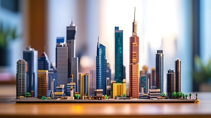 Cityscape Model Constructed From Building Blocks on a Wooden Table