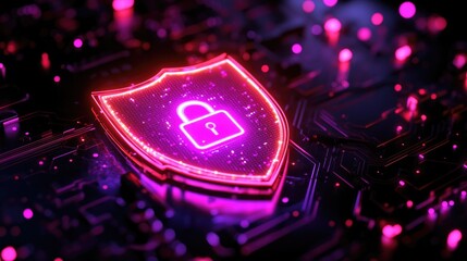 Neon cybersecurity shield on circuit board: digital security and technology concept