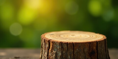 Naklejka premium A sunlit tree stump rests on a wooden surface, providing a natural display against a blurred verdant background.