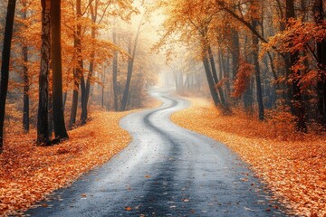 Fototapeta premium Serene Winding Road Through Autumn Forest with Vibrant Leaves