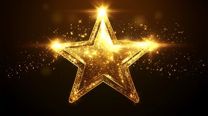 Golden glittering star with sparkling light effect on dark background for festive designs