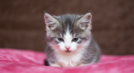 Adorable gray and white kitten sitting on a pink blanket