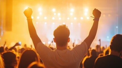Concert crowd man's joyful celebration under stage lights