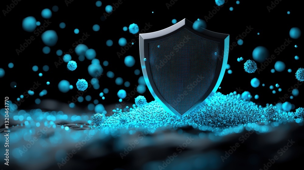 Poster a futuristic metallic shield icon hovering over a network of interconnected nodes, pulsating with bl
